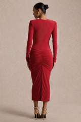 Ivara | Red Plunge-Neck Maxi Dress With Ruched Detailing And Sash