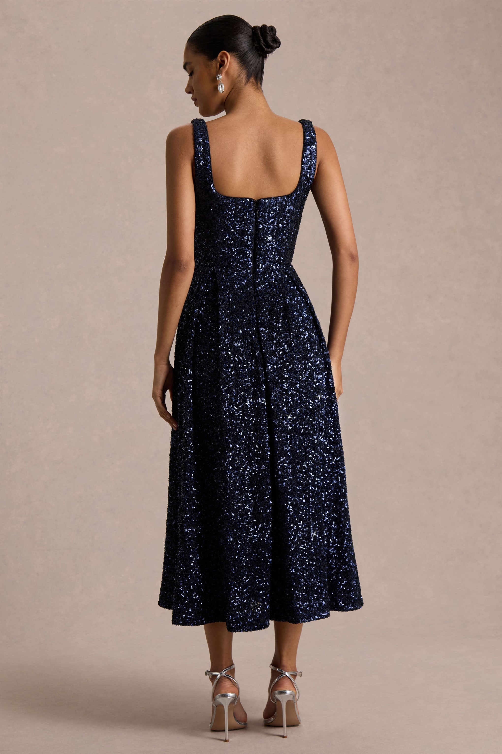 Lima | Navy Sequin Square-Neck A-Line Midi Dress