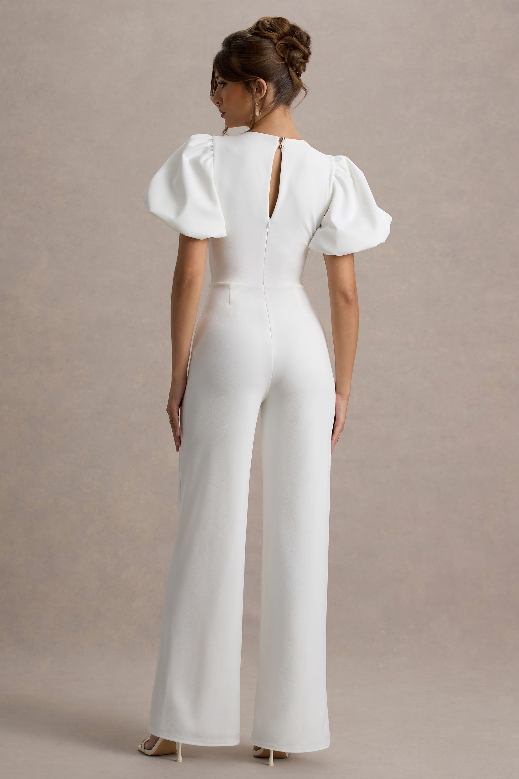 Dillon | White Puff-Sleeve Straight-Leg Jumpsuit