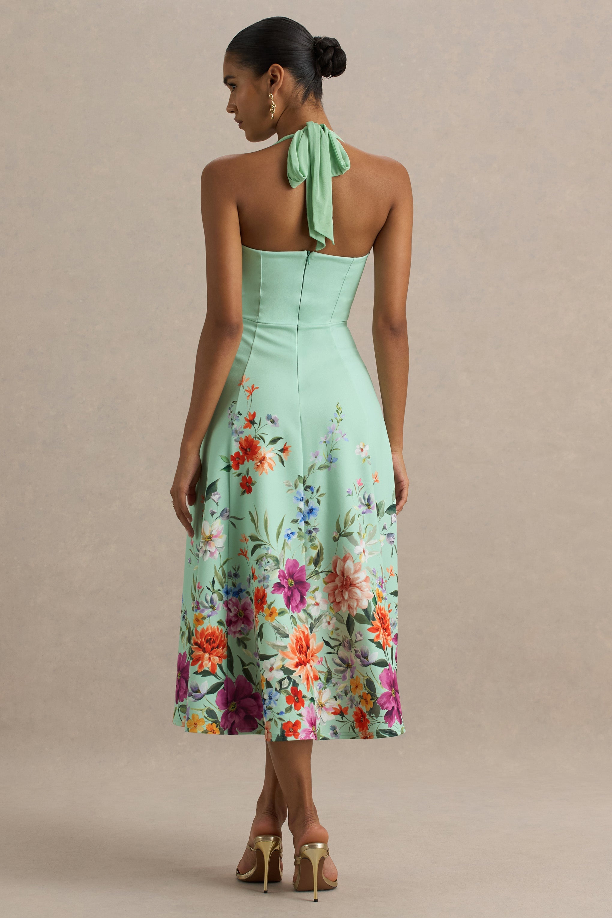Auburn | Mint Placement Floral Halter-Neck Midi Dress