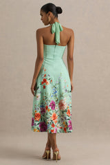 Auburn | Mint Placement Floral Halter-Neck Midi Dress