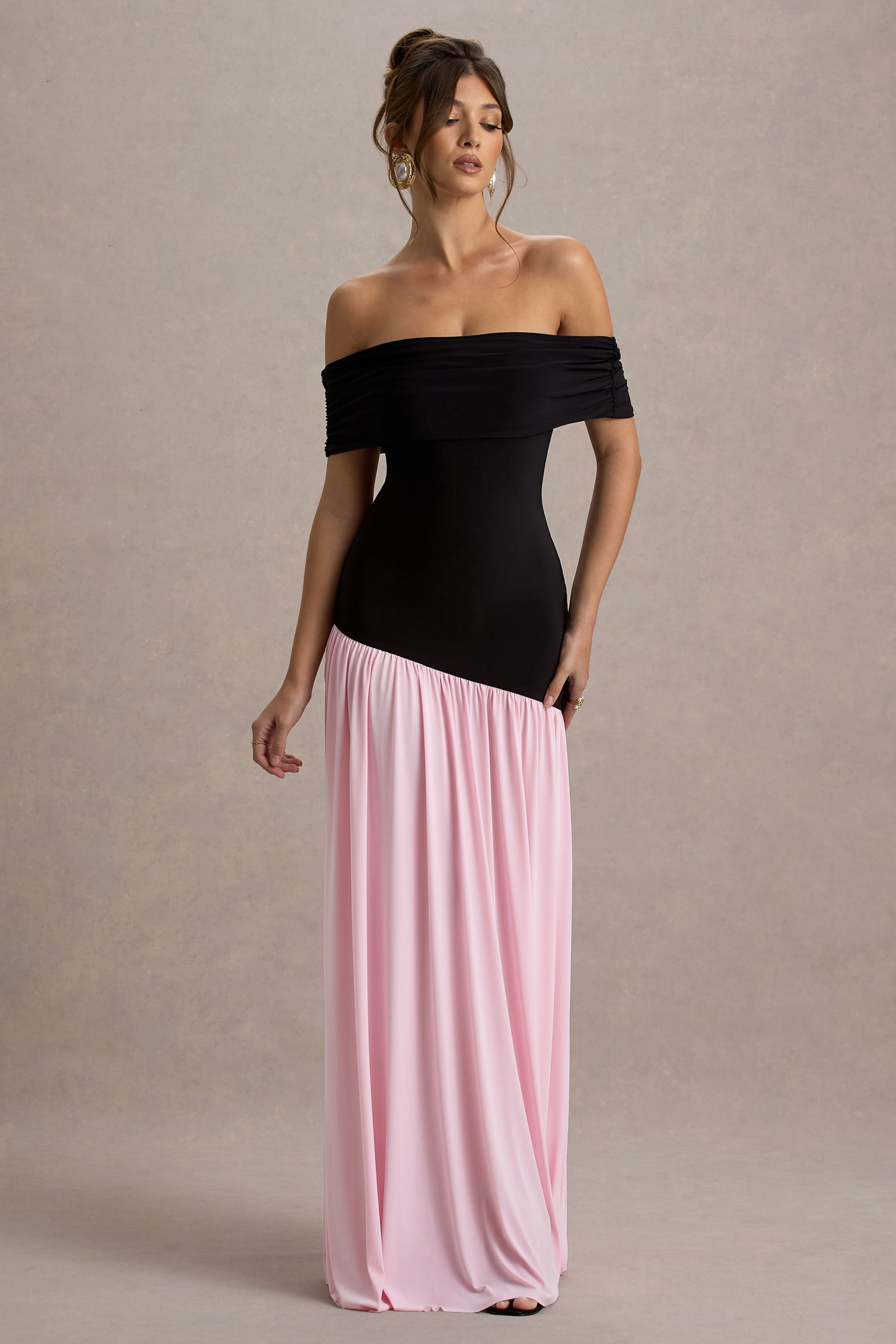 Venezia | Black & Pink Bardot Maxi Dress With Drop-Waist