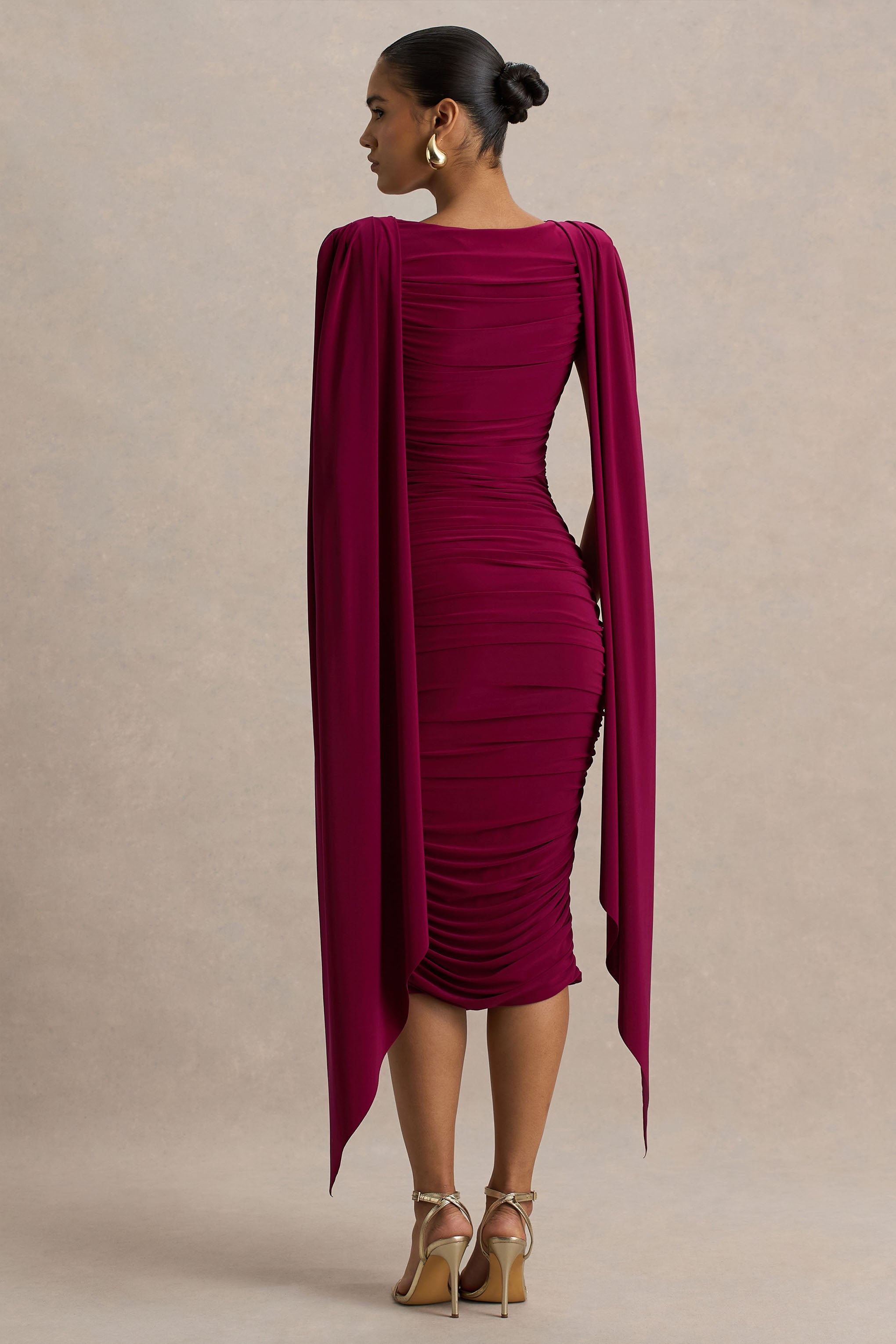 Wanderer | Burgundy Crew-Neck Midi Dress With Draped and Ruched Detailing