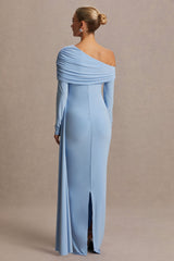 Amara | Powder Blue Asymmetric-Neck Maternity Maxi Dress With Sash Detail