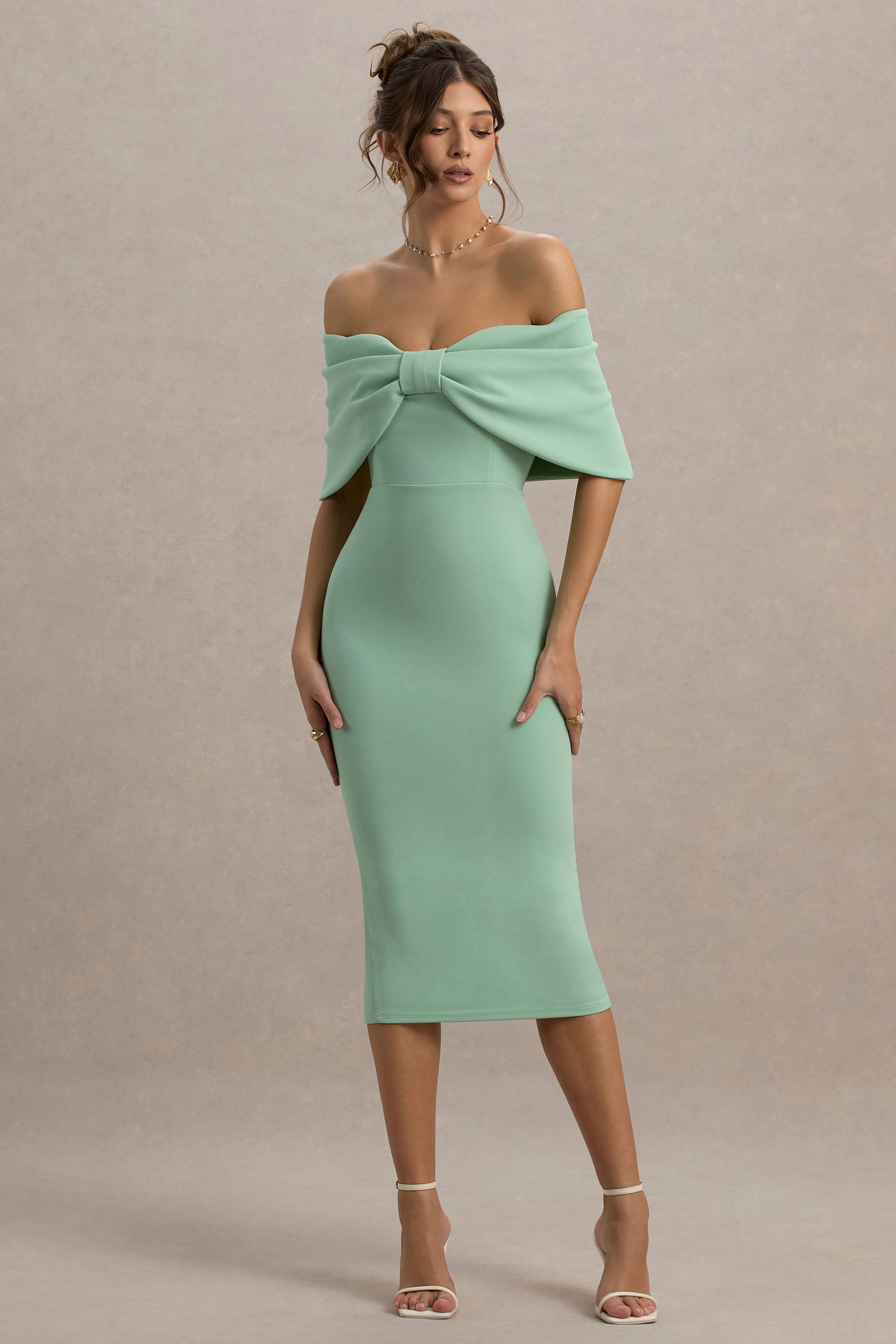Bayshore | Light Green Bow Bardot Midi Dress