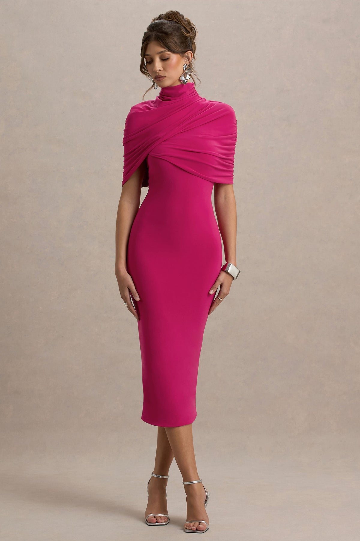 Cecille | Hot Pink Midi Dress With Cape Sleeve Detail