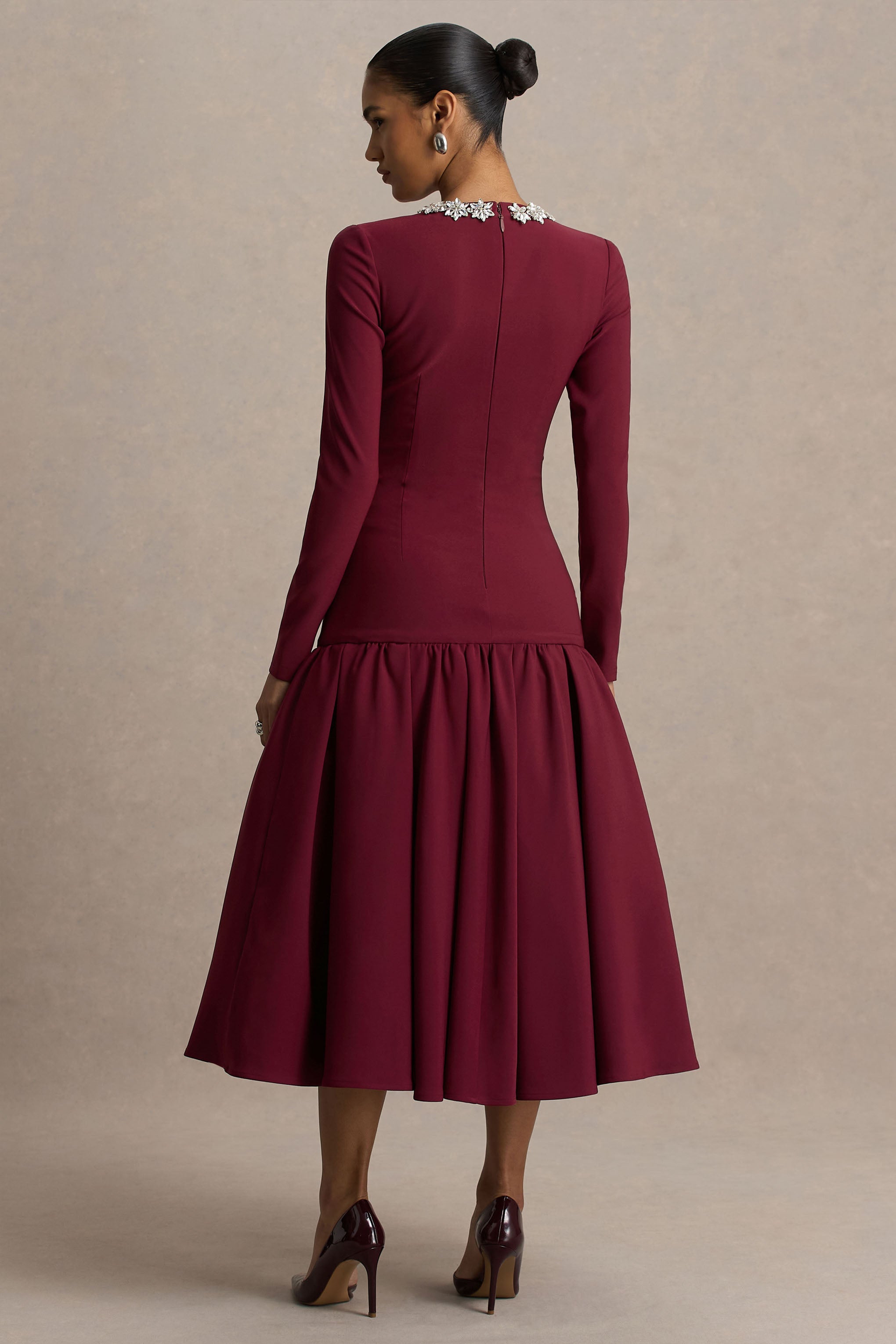 Jovana | Burgundy Hand-Embellished Crew-Neck Midi Dress With Drop Waist