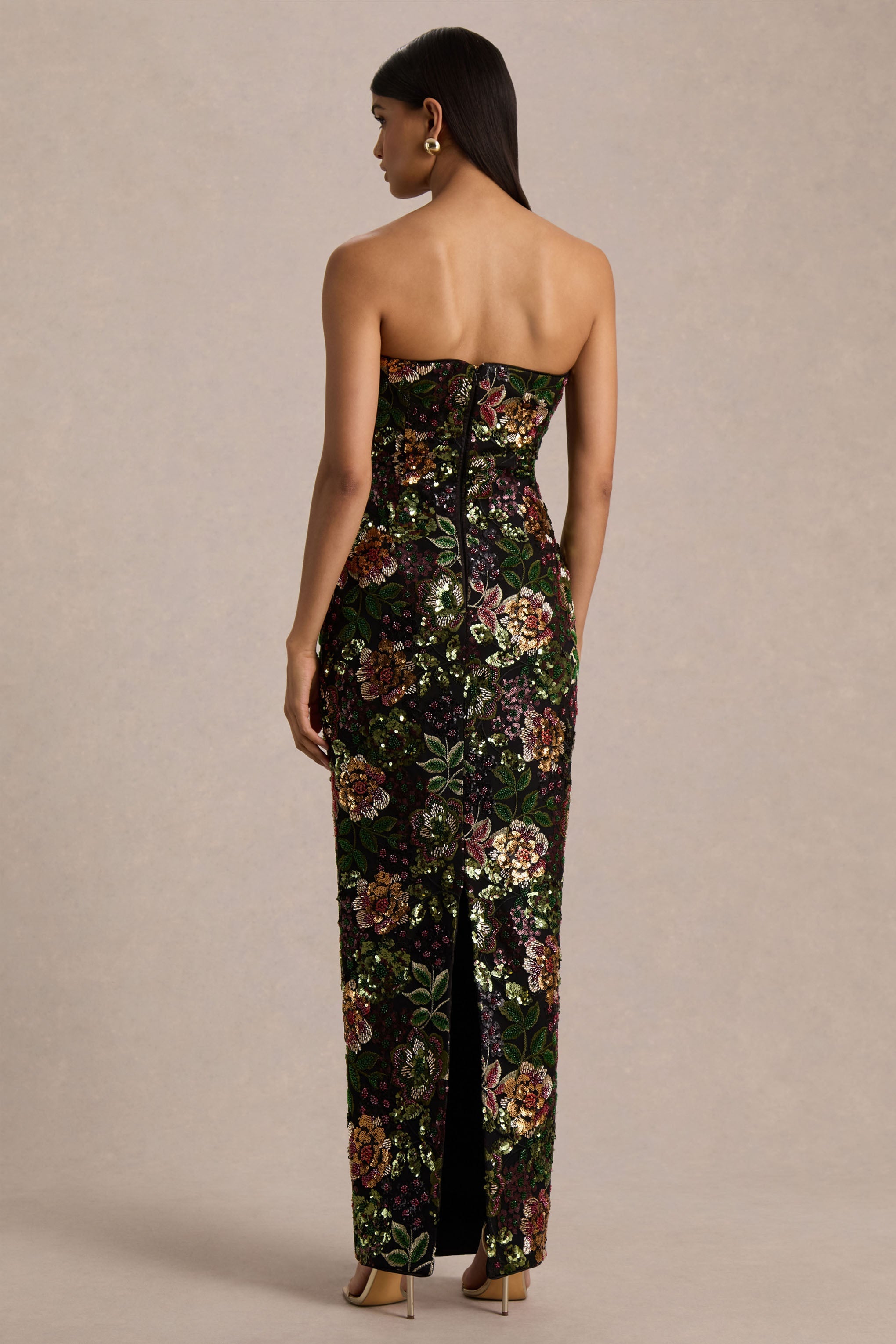 Cora | Winter Floral Embellished Mesh Bandeau Maxi Dress With Scarf