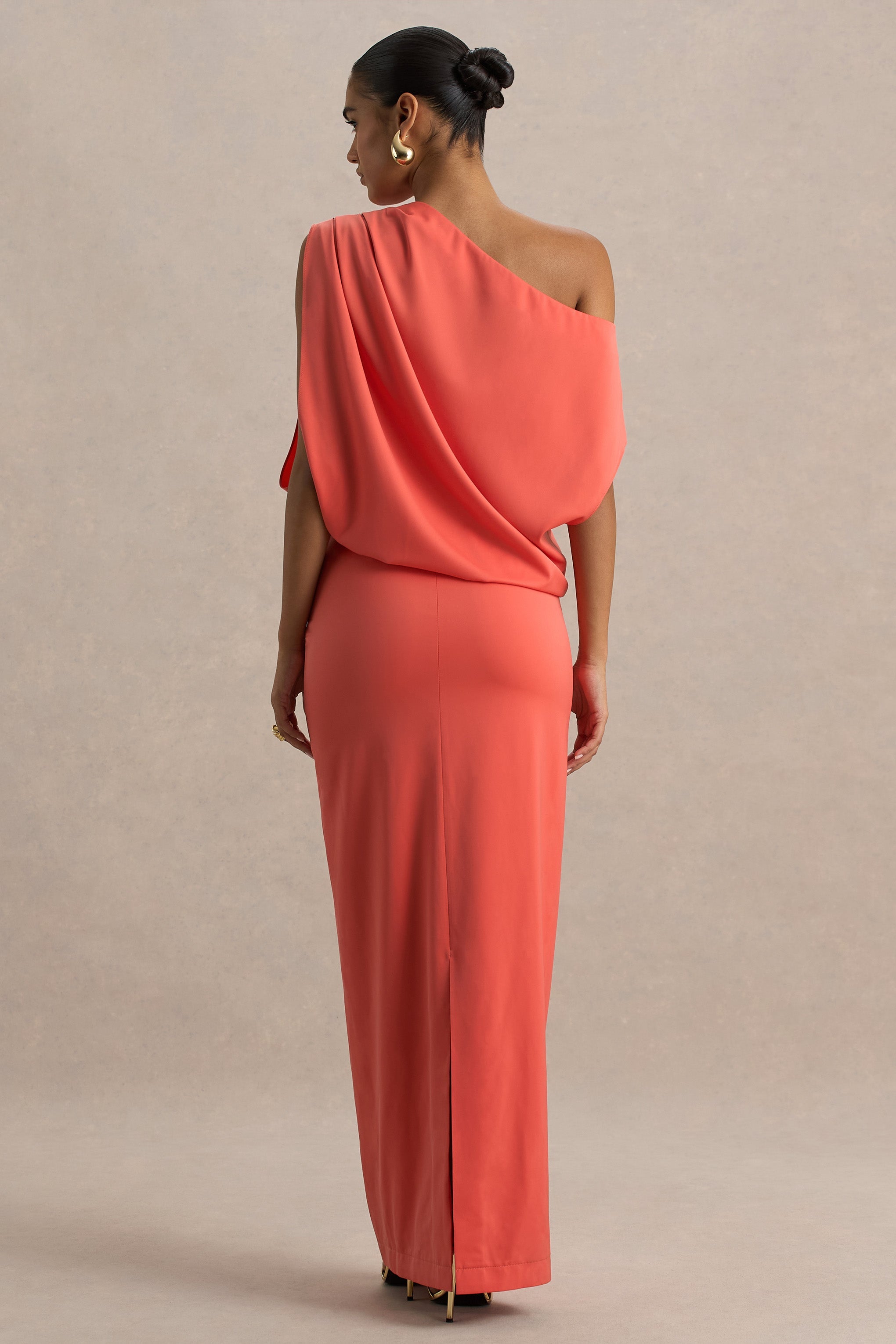 Ronnie | Coral Satin Asymmetric-Neck Maxi Dress With Draping Detail