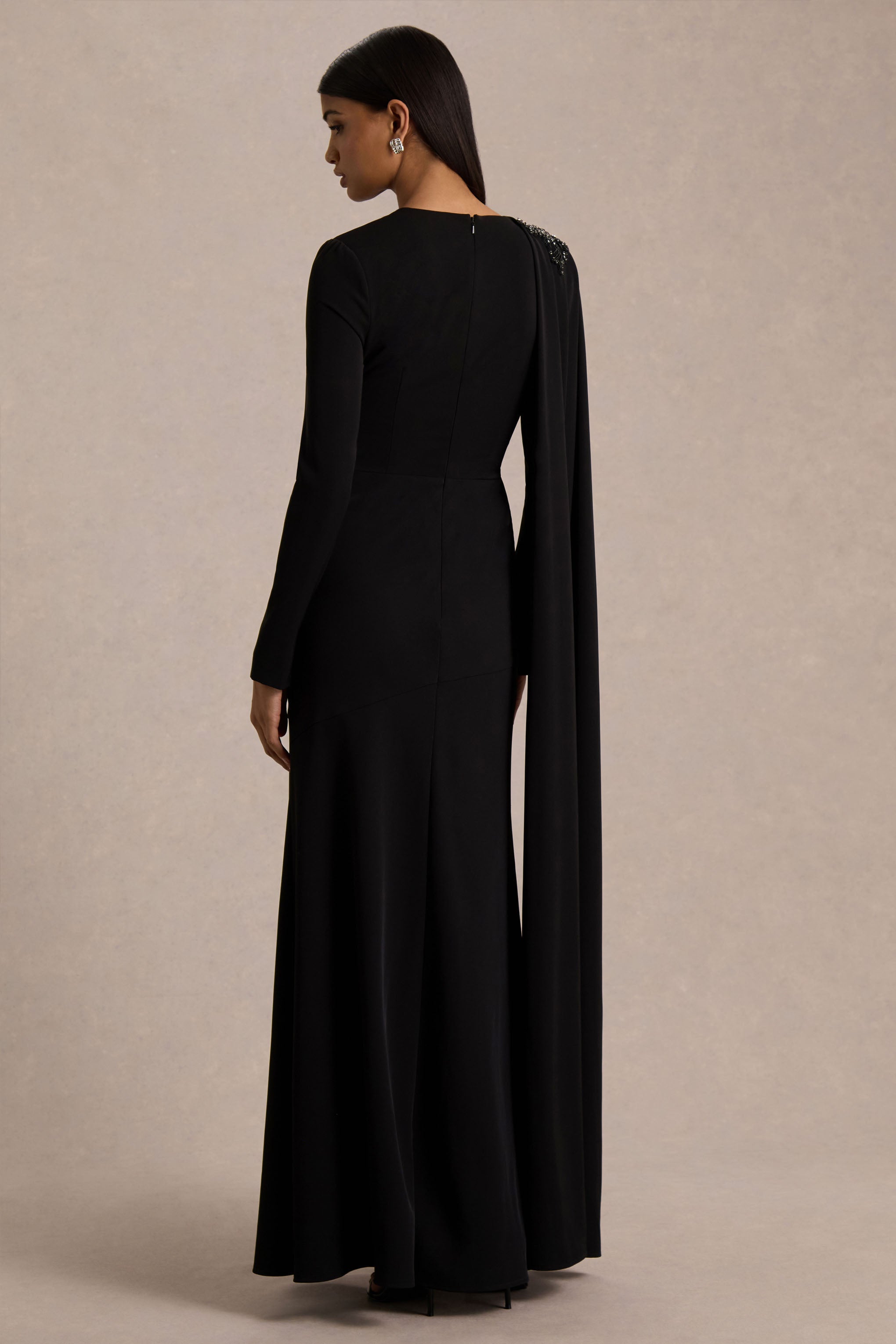 Reese | Black High-Neck Maxi Dress With Embellished Detail and Sash