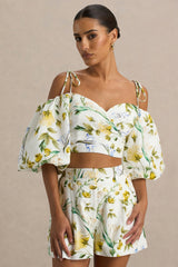 Amberly | White Linen Botanical Print Plunge-Neck Ruffled Crop Top