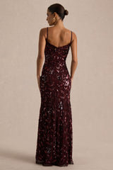 Gemini | Burgundy Floral Sequin Embellished Strappy Maxi Dress