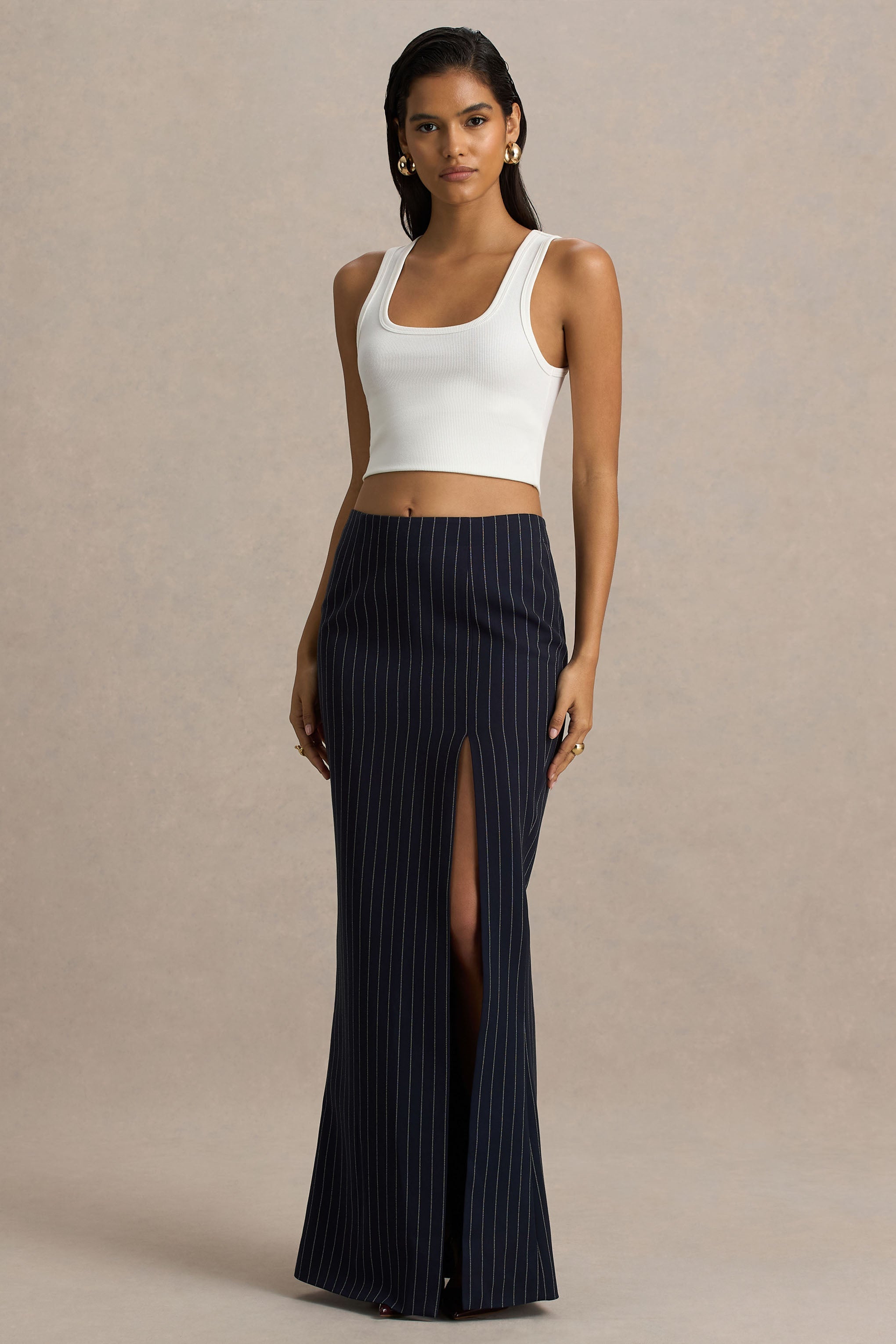 Elana | Navy Pinstripe Maxi Skirt With Front-High Split