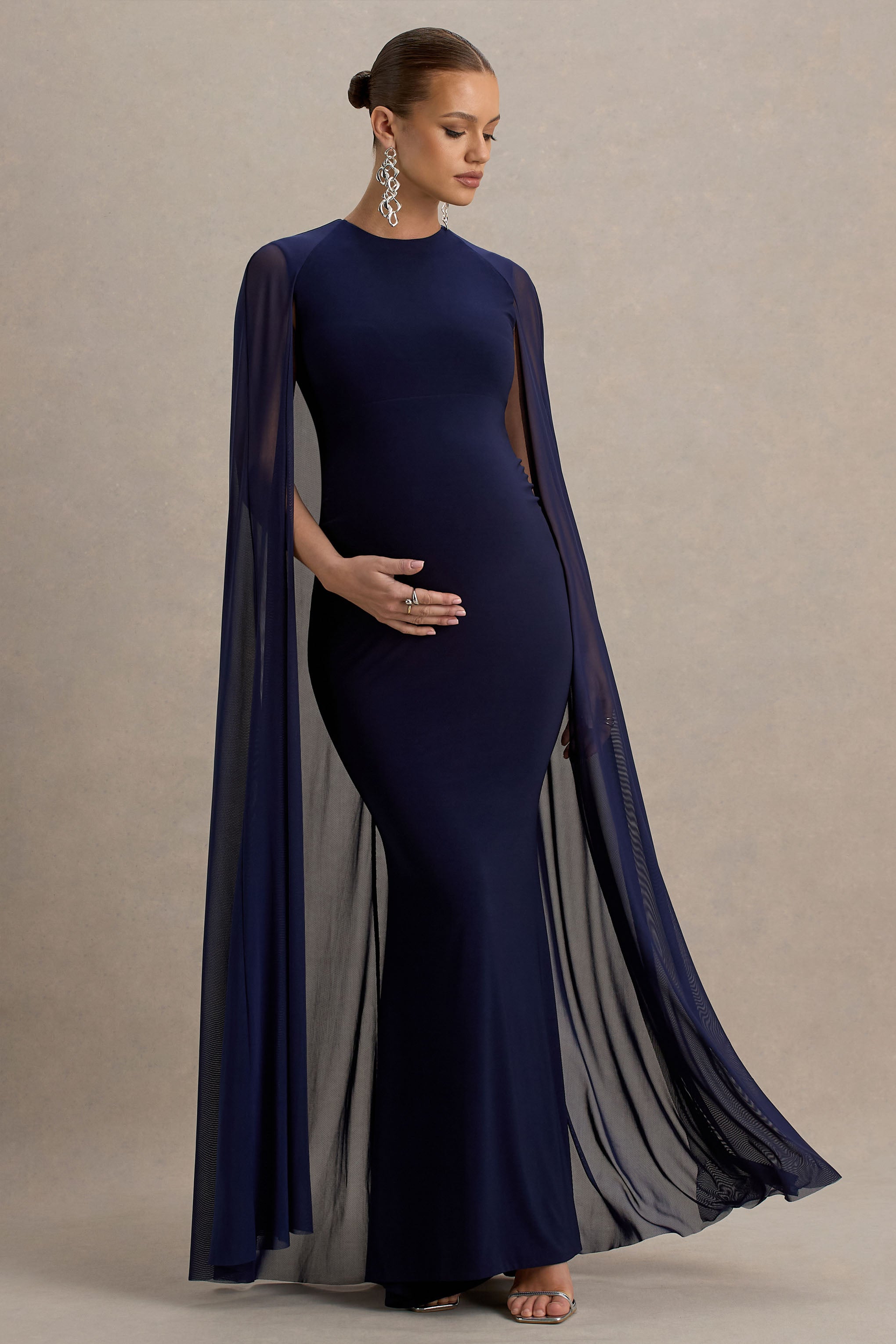 Currant | Navy Crew-Neck Maternity Maxi Dress With Cape
