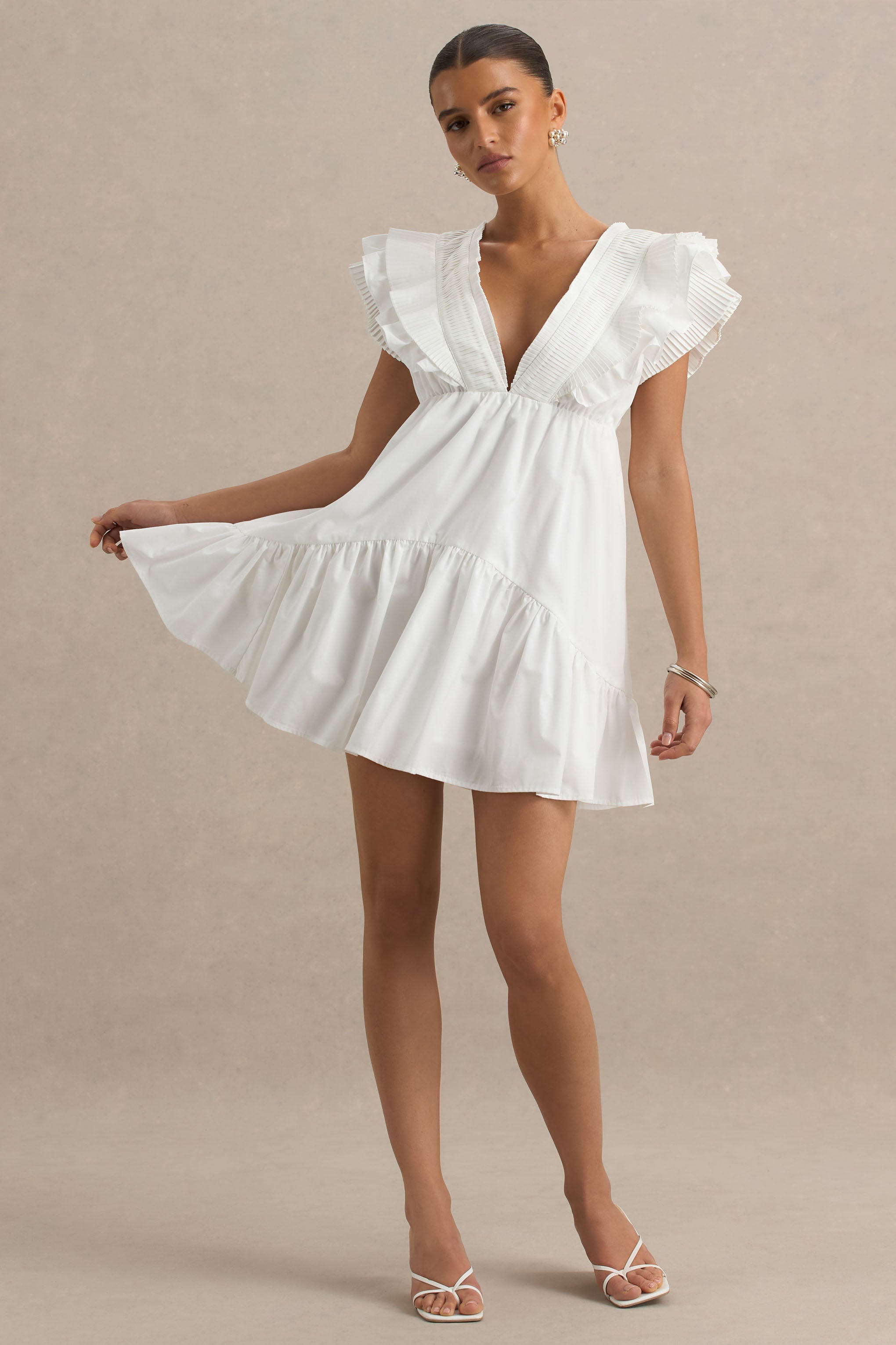 Judie | White Poplin V-Neck Ruffled Mini Dress