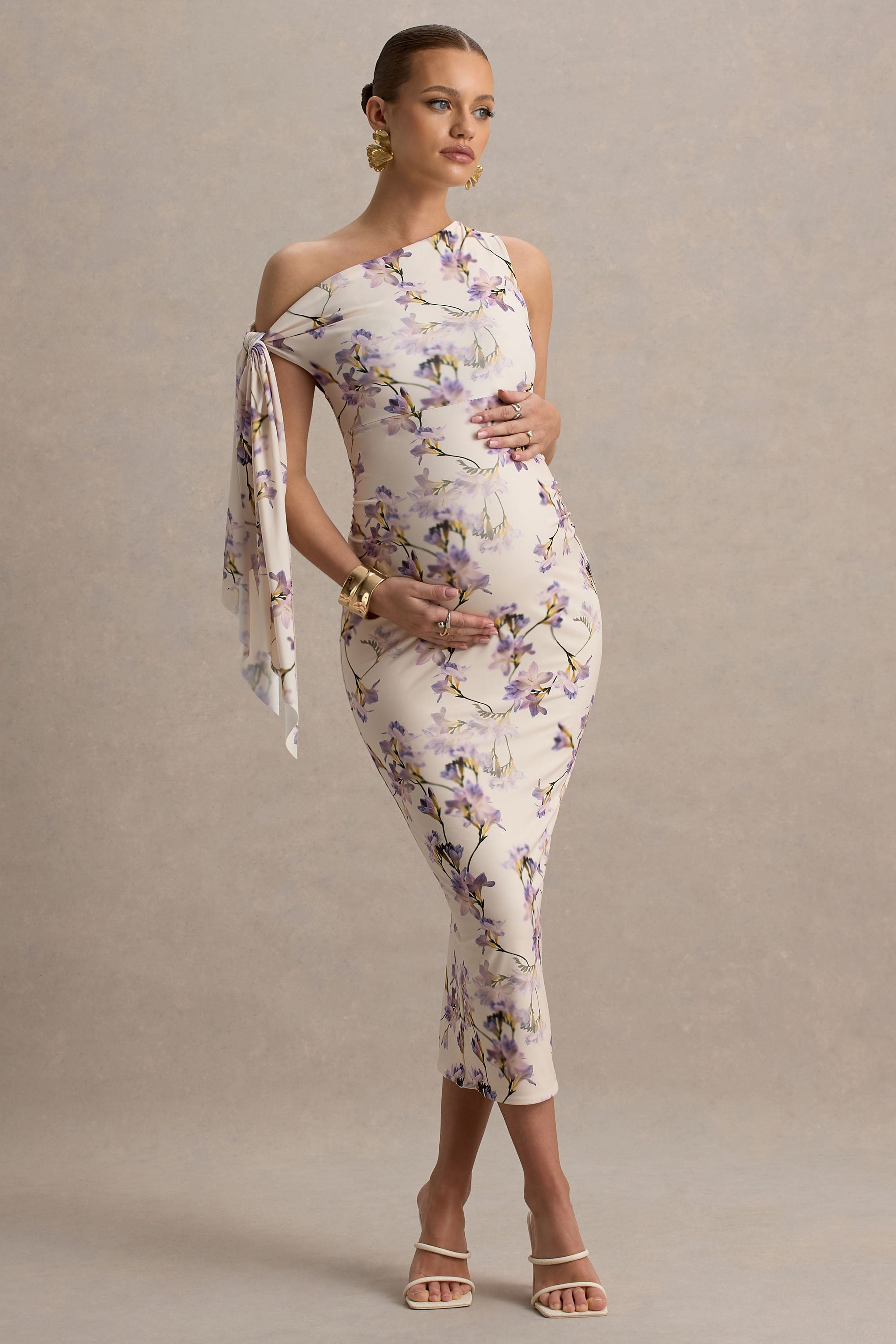 Katarine | Peach Floral Print Asymmetric Knot Maternity Midi Dress