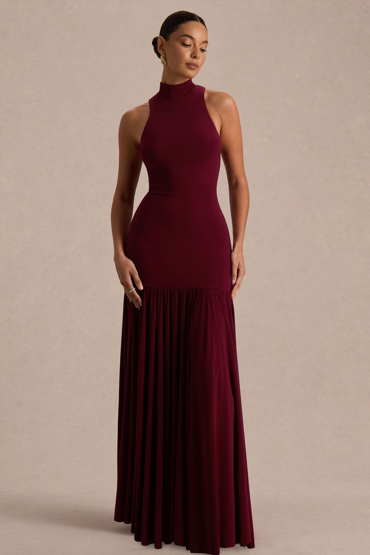 Tasmin | Burgundy High-Neck Maxi Dress With Drop-Waist