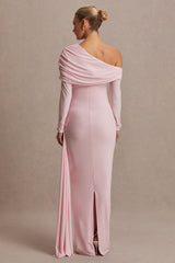 Amara | Blush Pink Asymmetric-Neck Maxi Dress With Sash Detail
