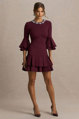 Mirna | Burgundy Crew-Neck Mini Dress With Bell Sleeves And Ruffled Detailing