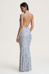 Zaira | Silver Sequin High-Neck Maxi Dress With Open-Back