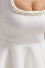 Wilder | White Embellished Square-Neck Long-Sleeve Skater Mini Dress