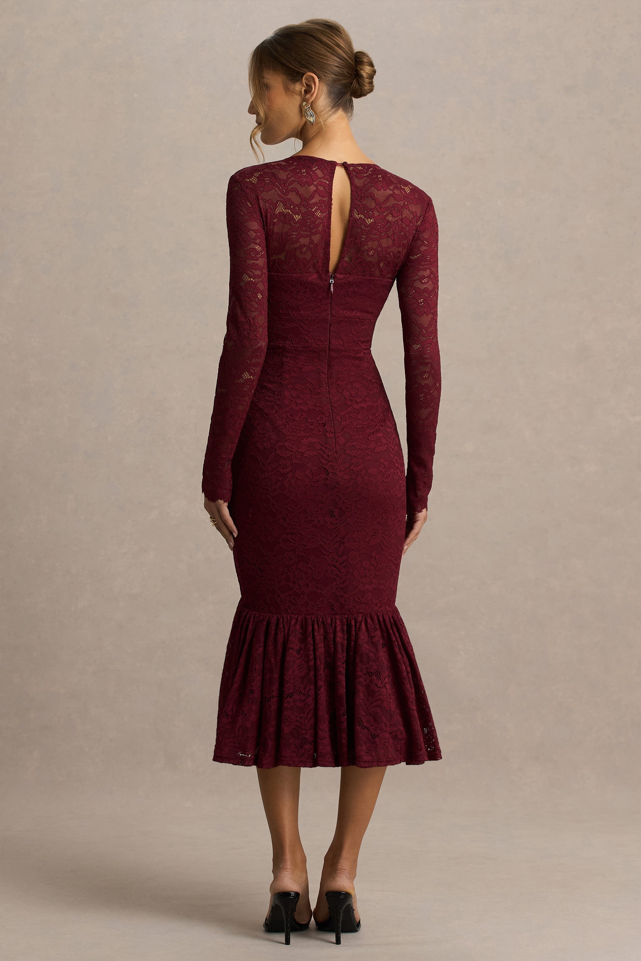 Camilly | Burgundy Lace Plunge-Neck Mermaid Midi Dress