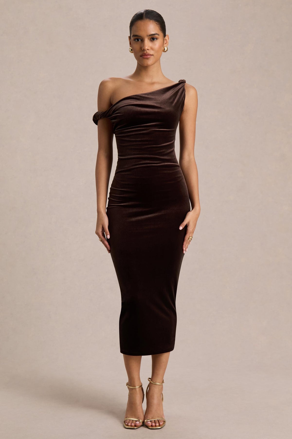 Carella | Brown Velvet Twisted Asymmetric Midi Dress