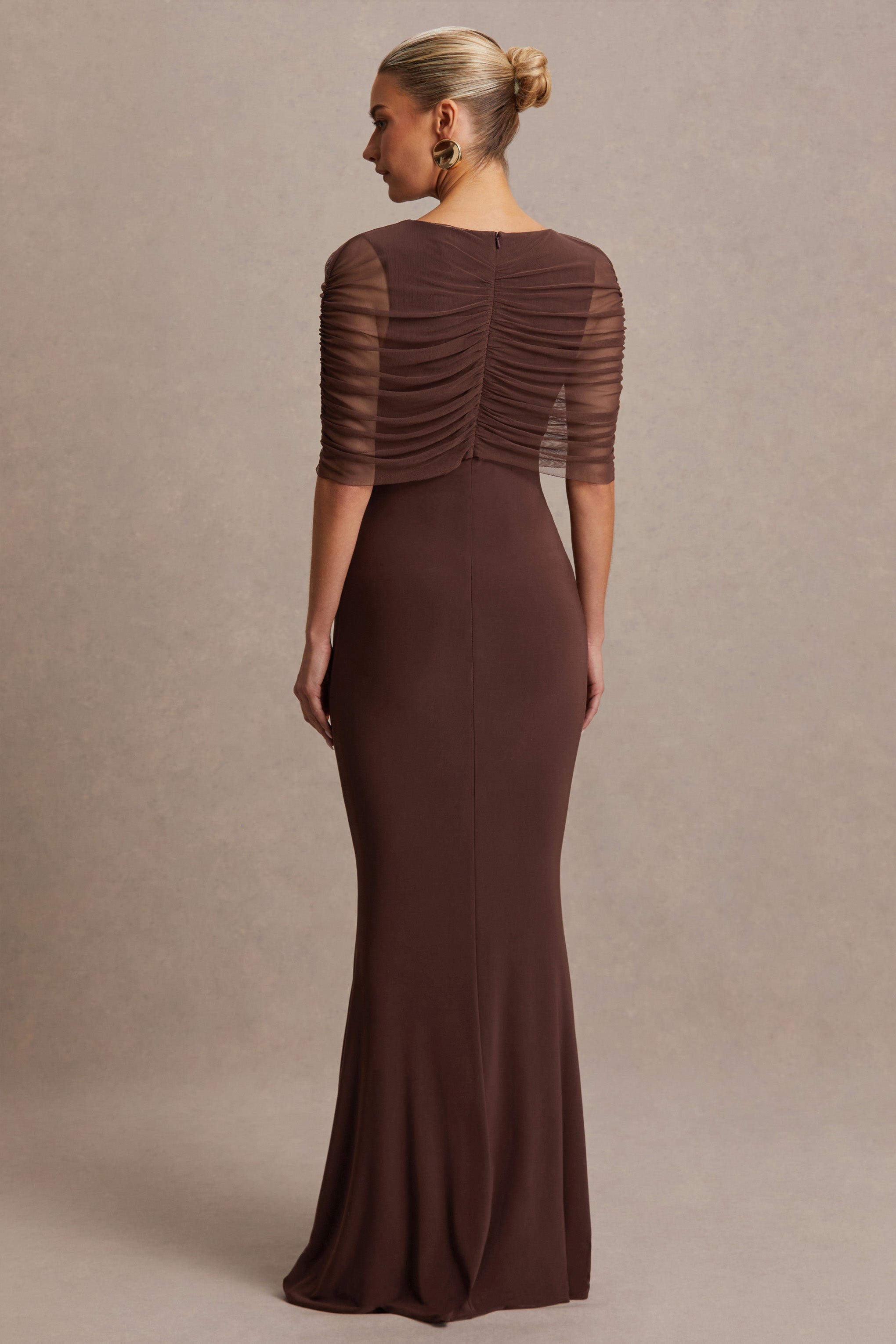 Zaria | Brown Crew-Neck Maternity Maxi Dress With Cape-Overlay