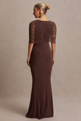 Zaria | Brown Crew-Neck Maternity Maxi Dress With Cape-Overlay