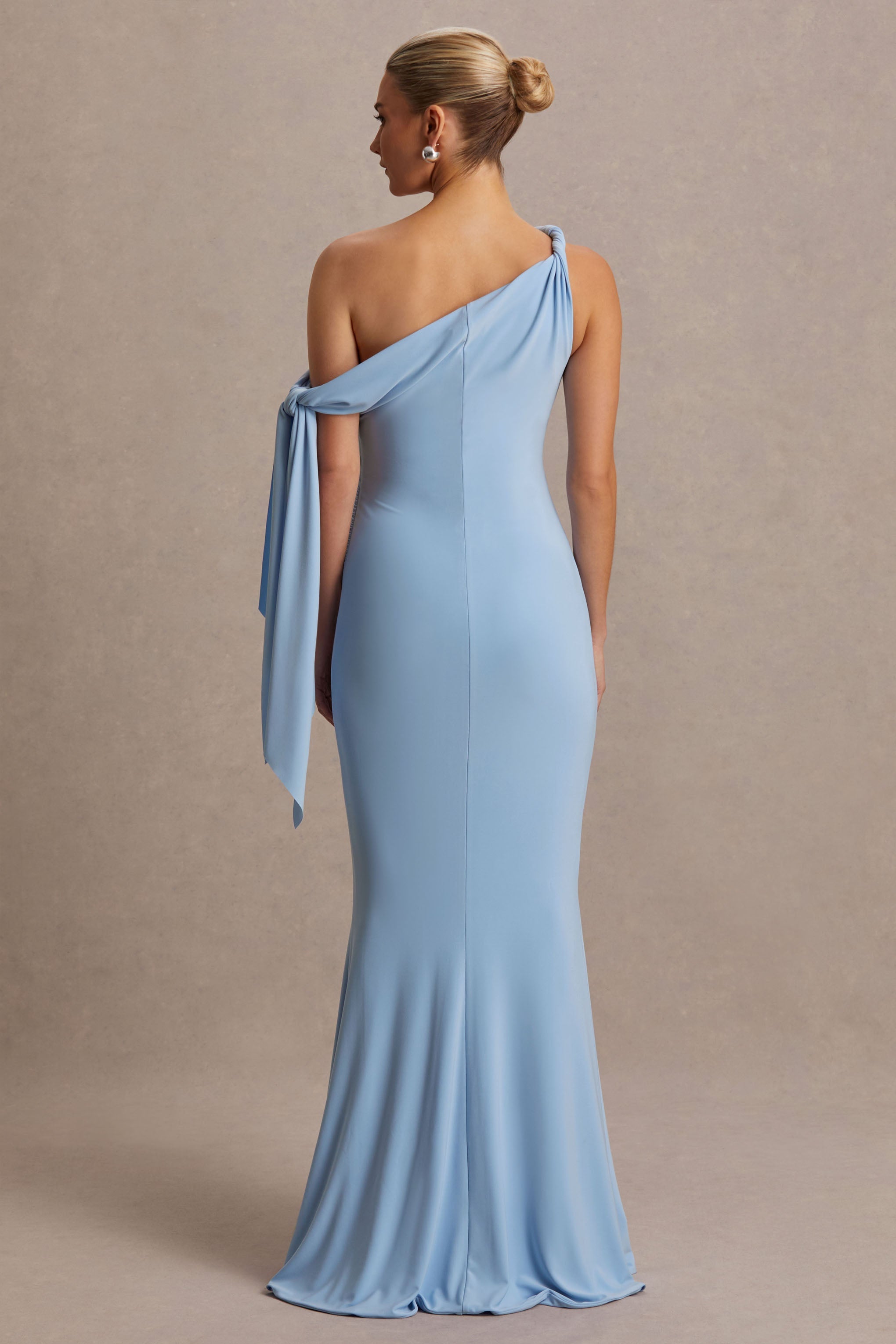 Orielle | Powder Blue Asymmetric-Neck Maternity Maxi Dress With Knot-Sleeve And Sash