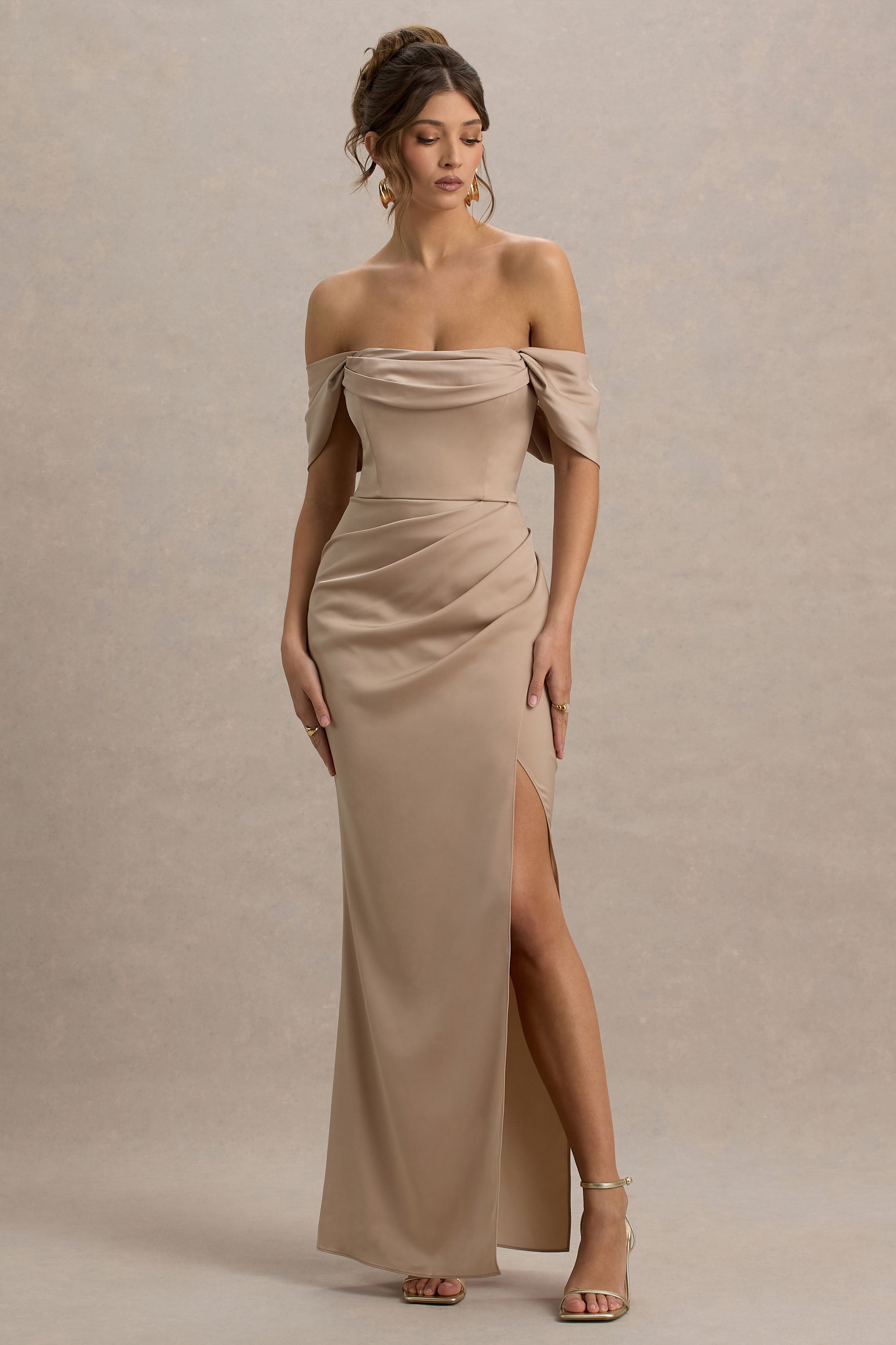 Annie | Champagne Satin Bardot Maxi Dress With Split Wrap Skirt