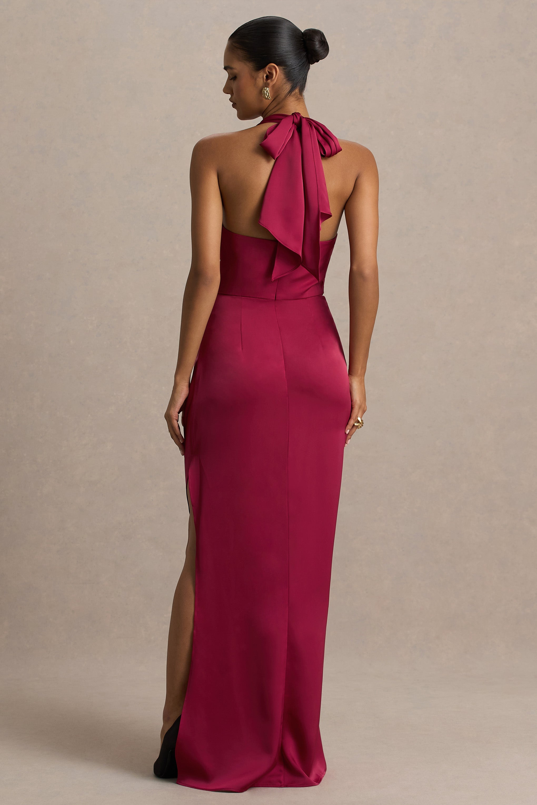 Lynette | Burgundy Satin Plunge-Neck Maxi Dress With Asymmetric Hem