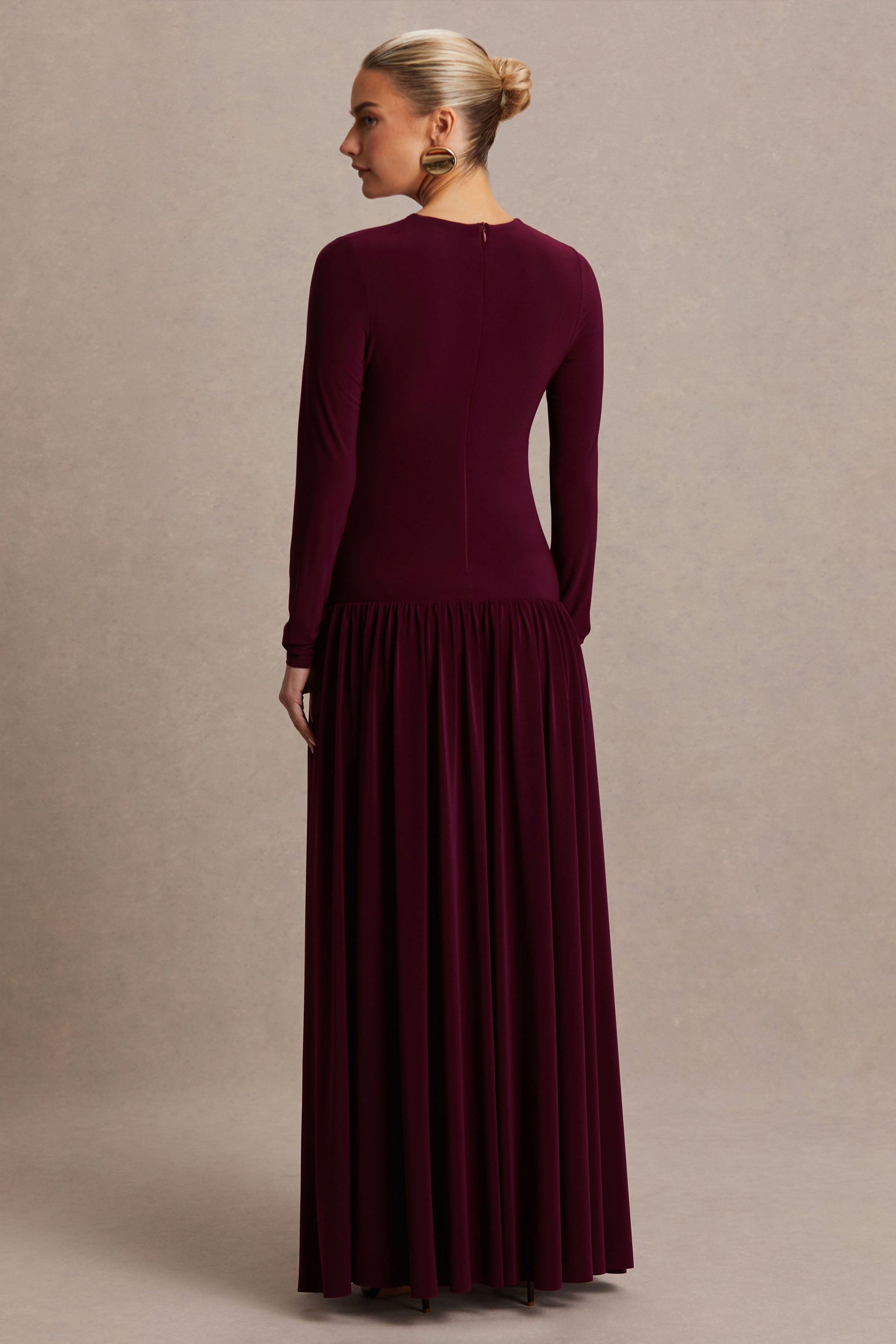 Monroe | Burgundy Crew-Neck Maternity Maxi Dress With Drop-Waist