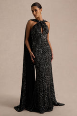 Renelle | Black Sequin Halter Neck Maxi Dress