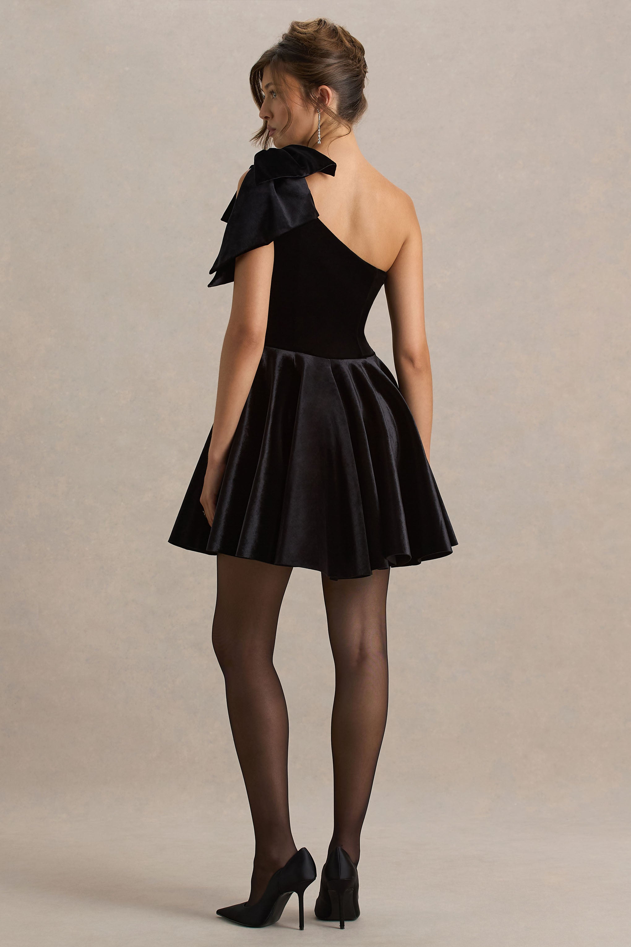 Keeley | Black Asymmetric-Neck Velvet Mini Dress With Bow Detail