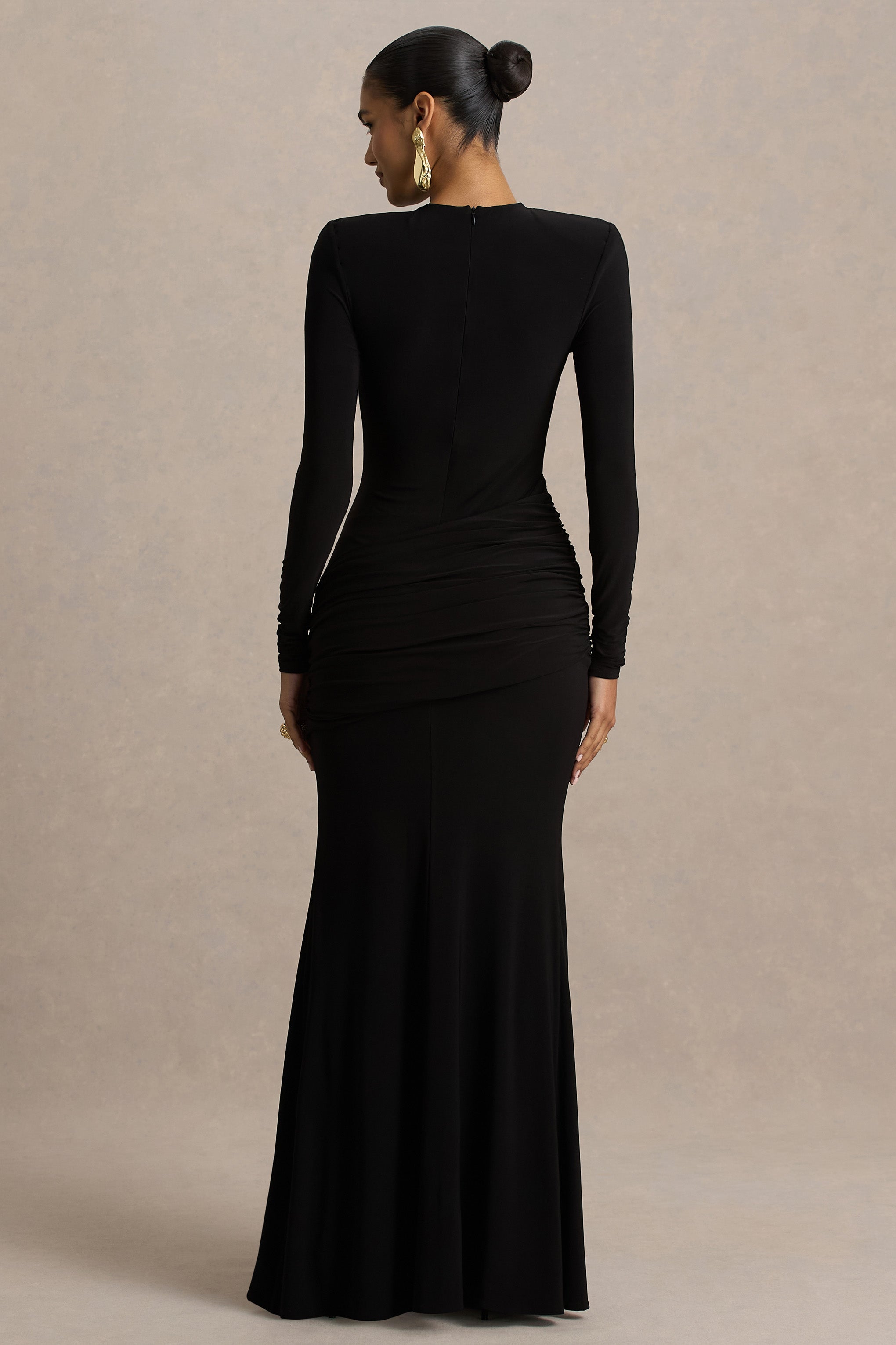 Liora | Black Crew-Neck Maxi Dress With Front-High Split