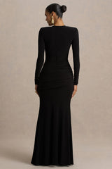 Liora | Black Crew-Neck Maxi Dress With Front-High Split