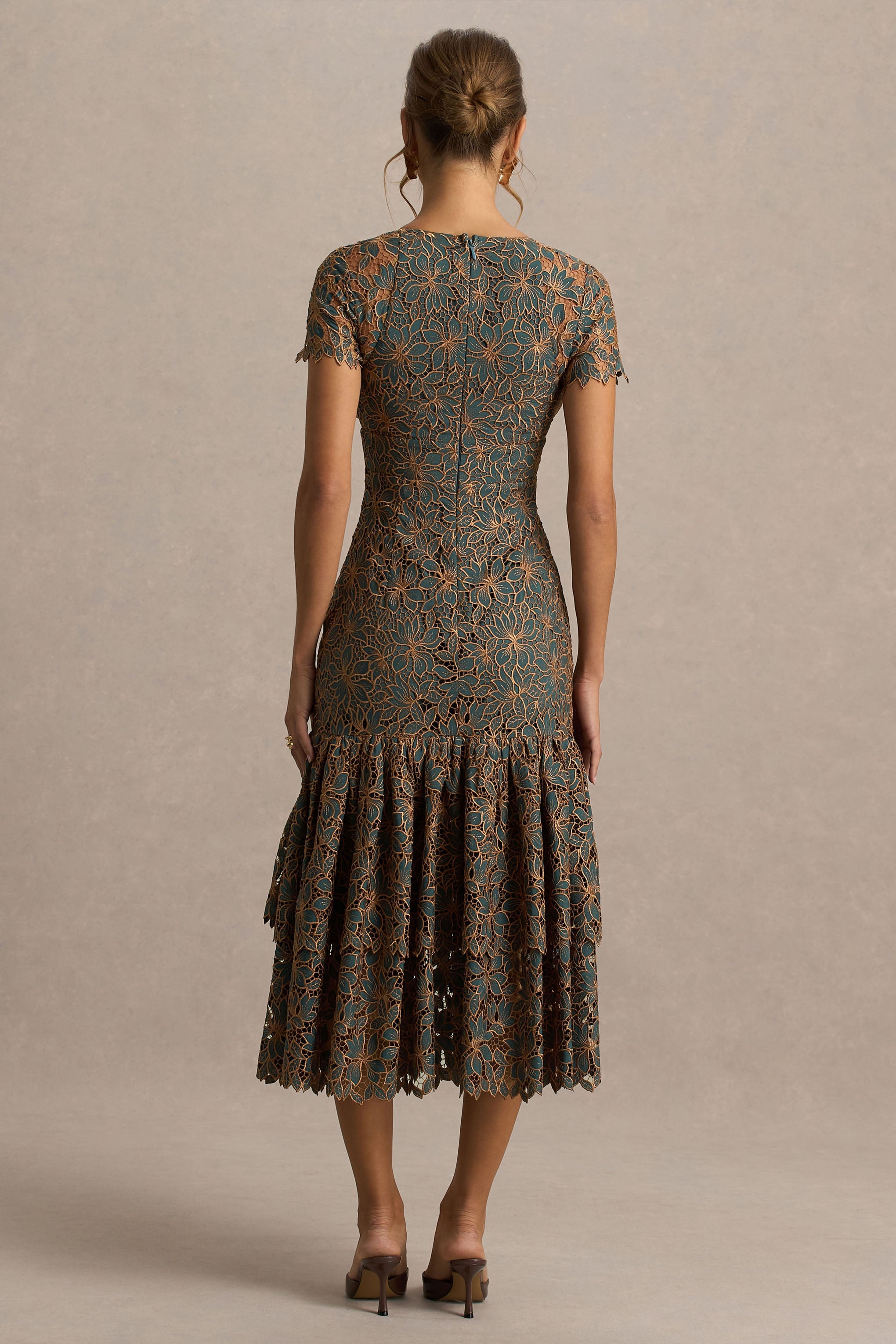 Sabrina | Dark Green And Rust Embroidered Plunge-Neck Midi Dress