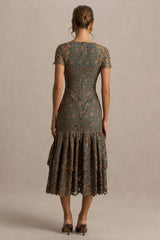 Sabrina | Dark Green And Rust Embroidered Plunge-Neck Midi Dress