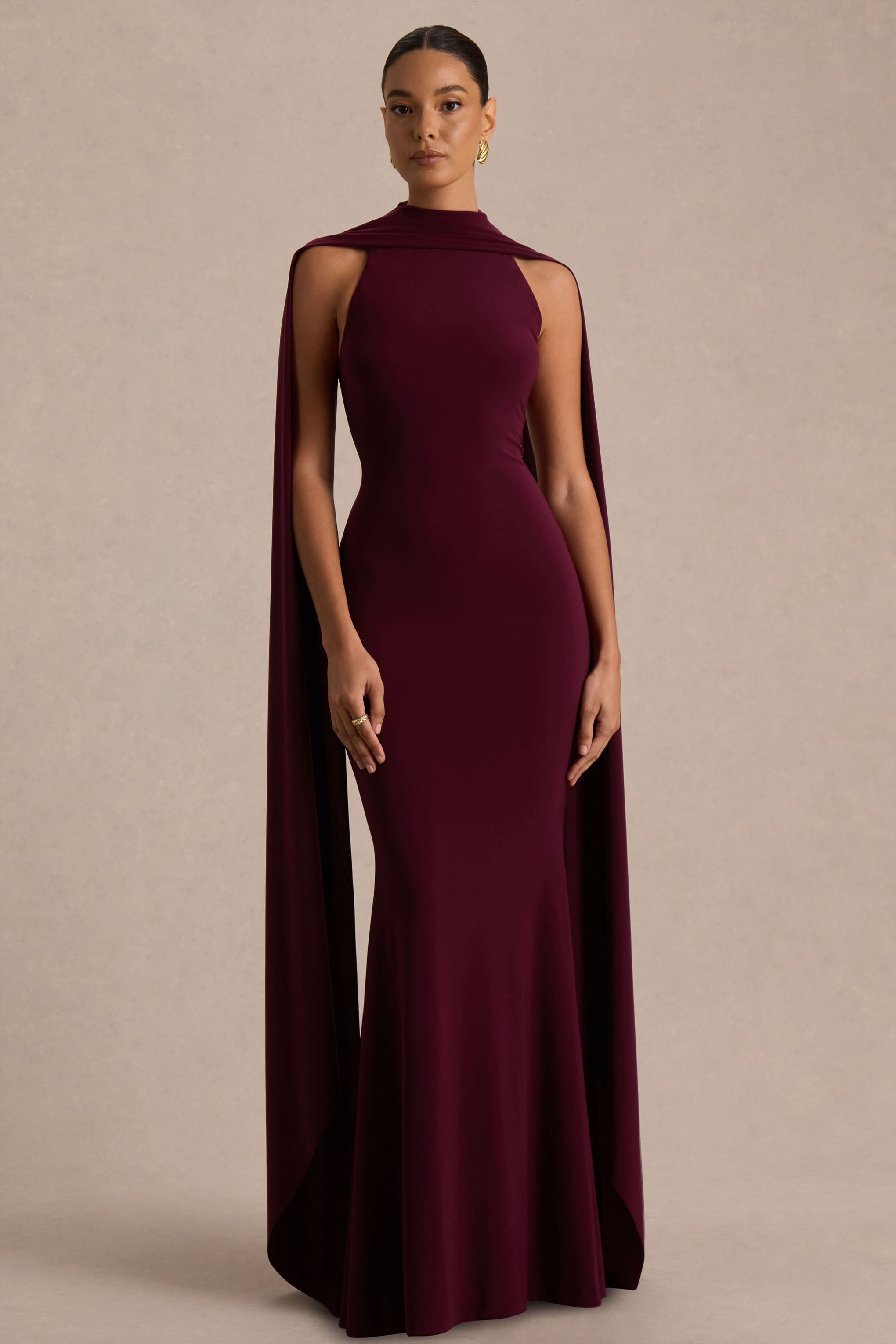 Cordy | Burgundy High-Neck Maxi Dress With Scarf-Detail