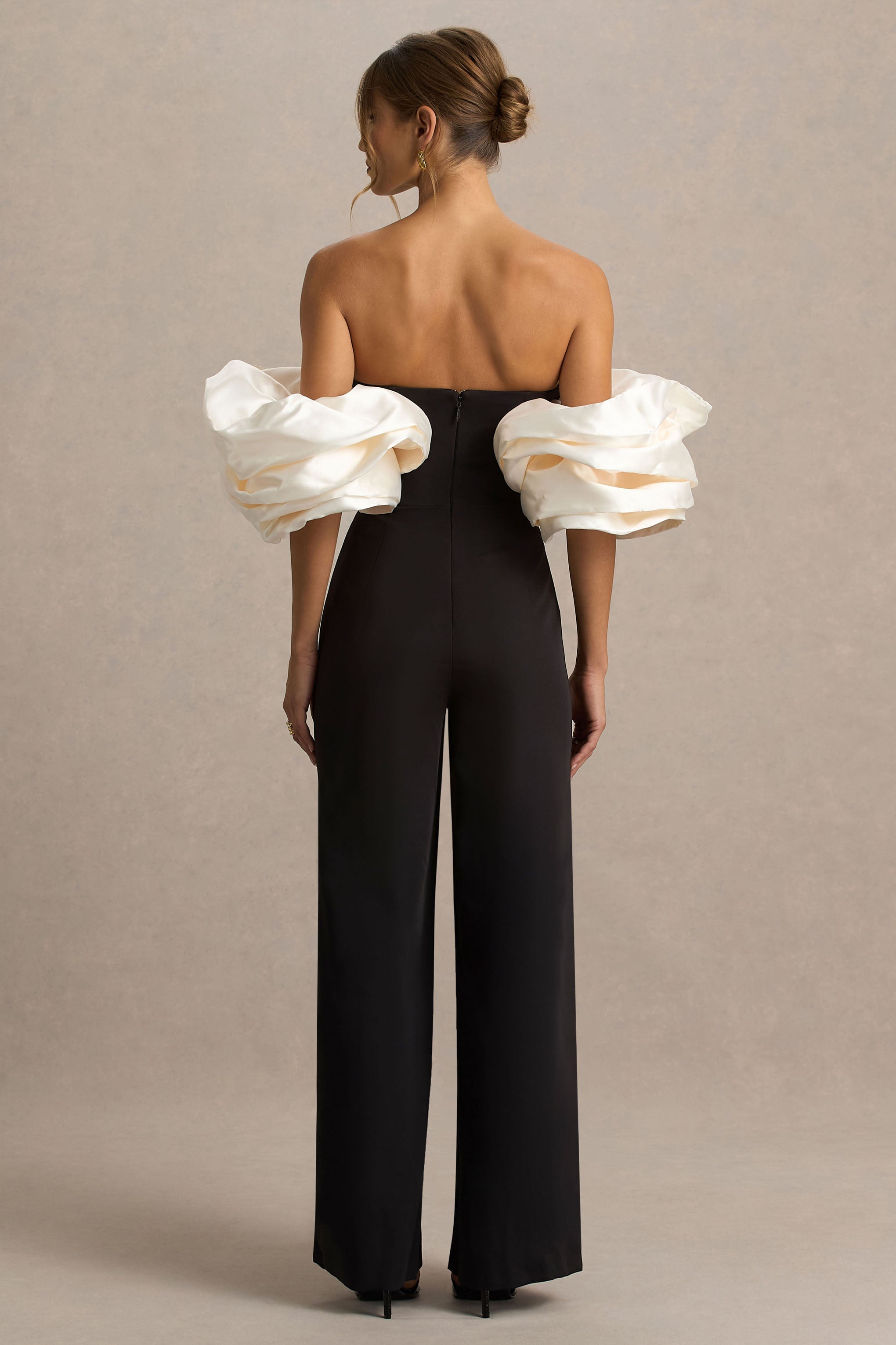 Panama | Black Bardot Jumpsuit With Cream Puff Sleeves