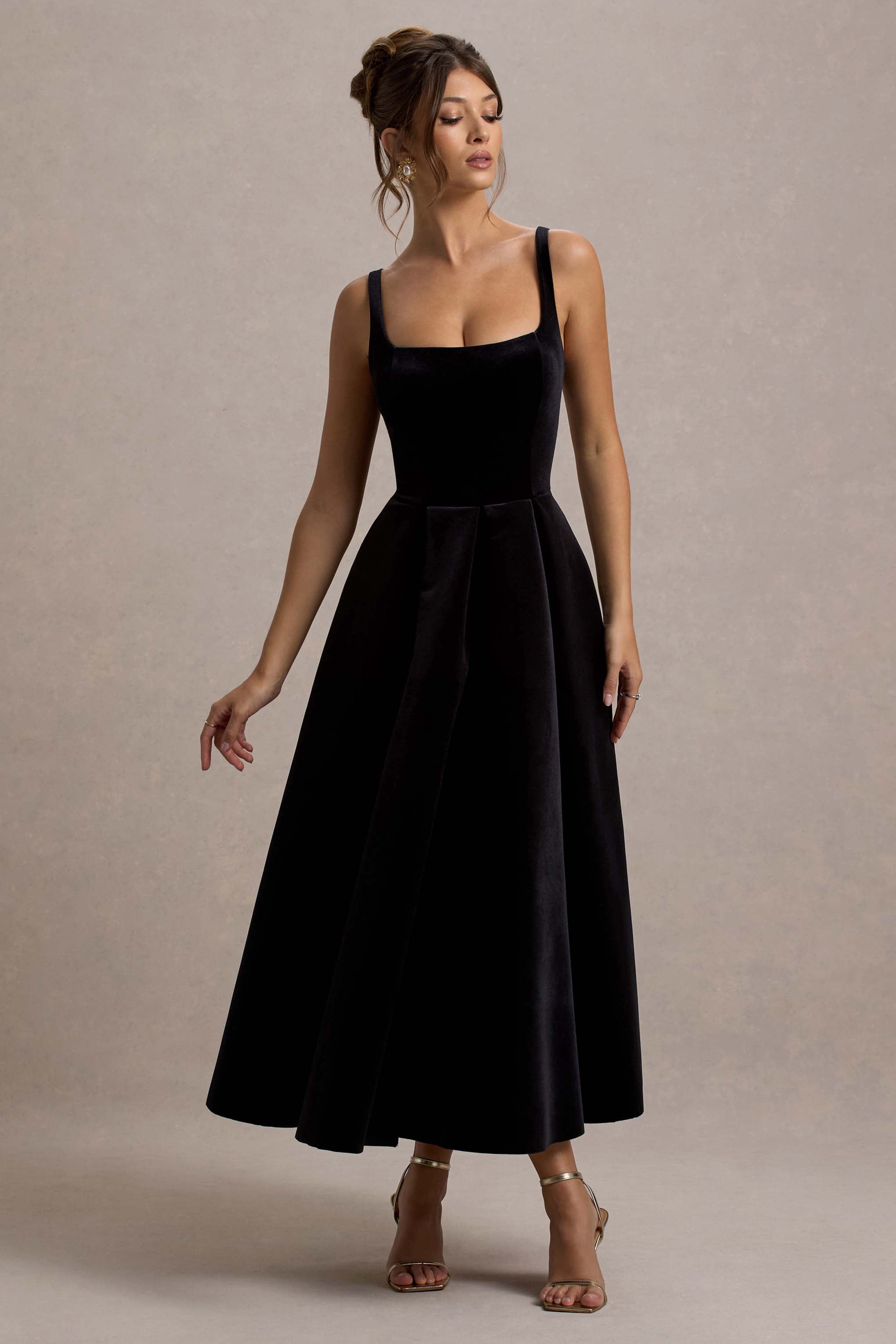 Francisca | Black Velvet Strappy Volume-Hem Midi Dress