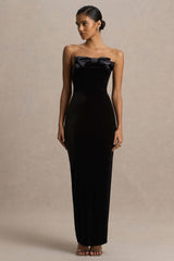 Illusion | Black Velvet Bandeau Maxi Dress With Bow Detail