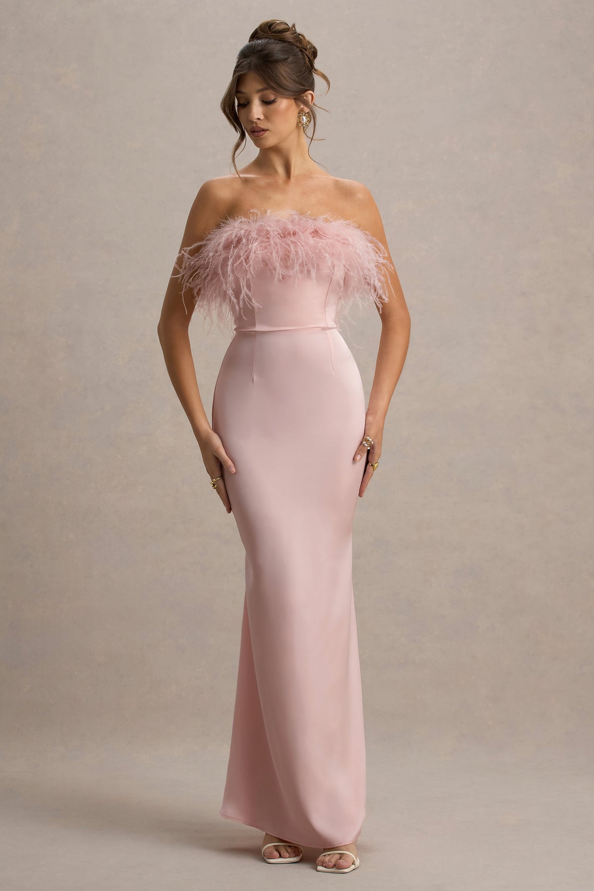 Dress For It | Pale Pink Satin Feather Trim Bandeau Maxi Dress