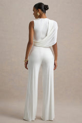 Opulence | White Jumpsuit With Cape Sleeve and Draped Details
