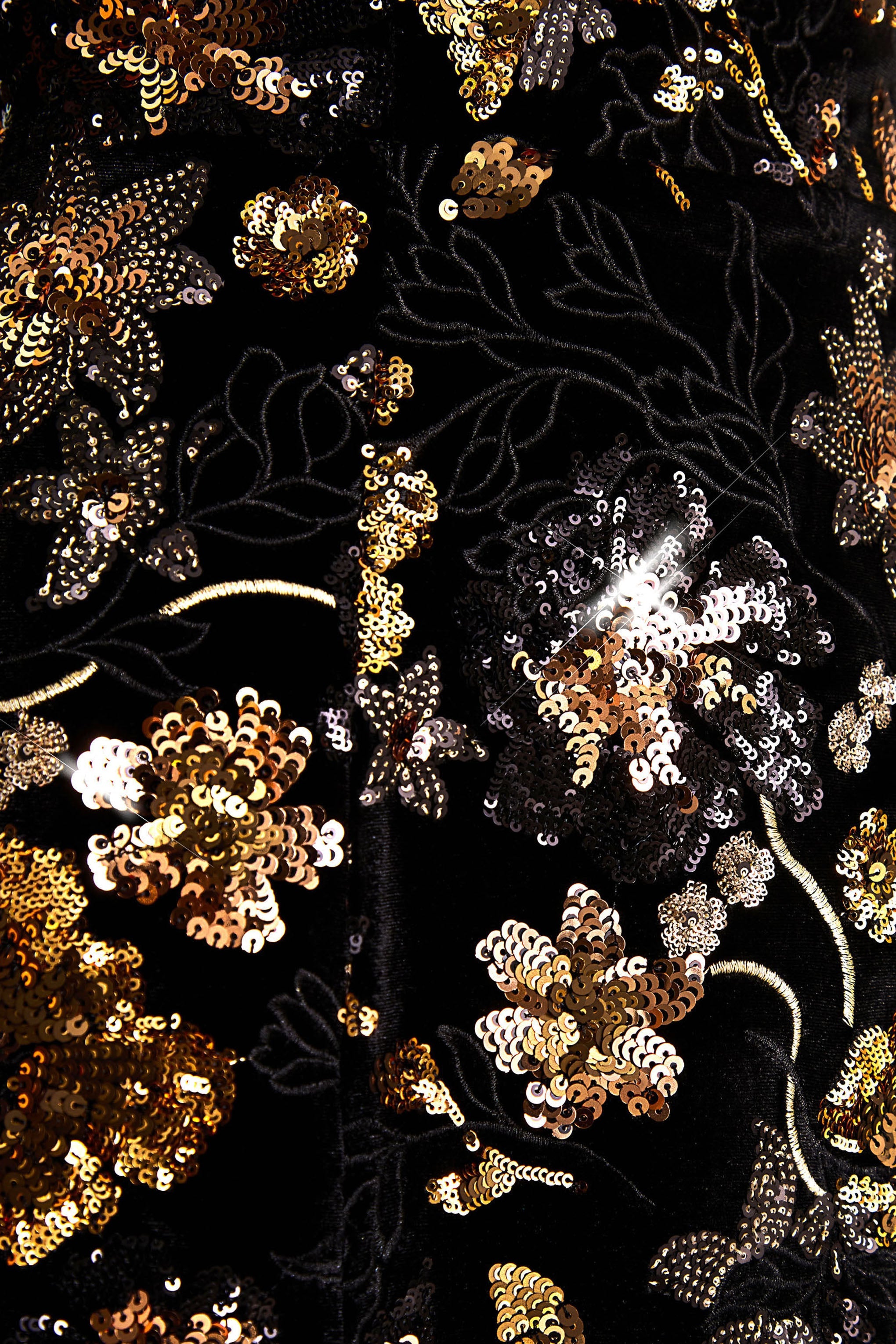 Valeri | Black Velvet Bandeau Mini Dress With Bronze Floral Sequin Embellishment