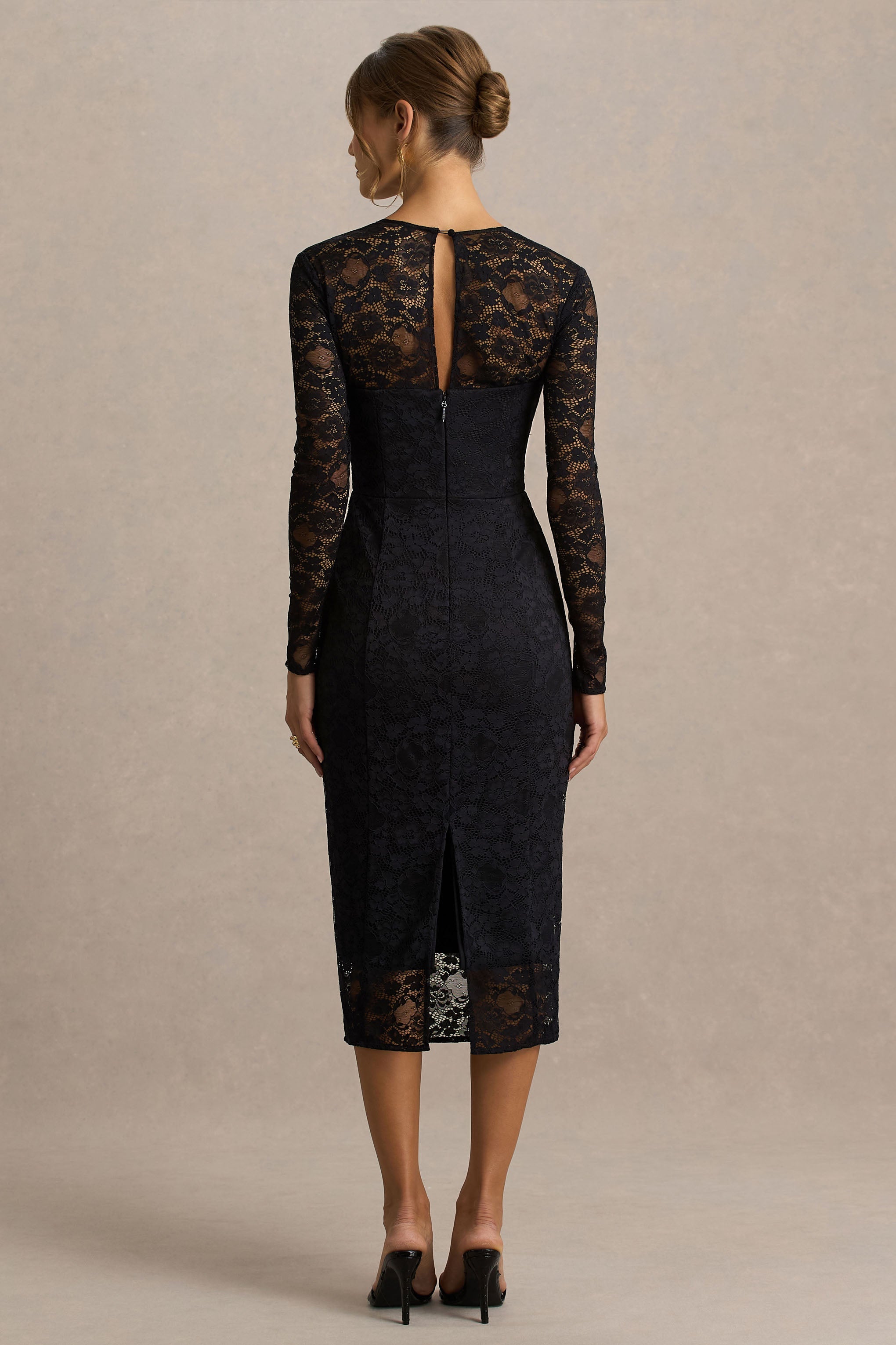 Alissa | Black Lace Square-Neck Midi Dress