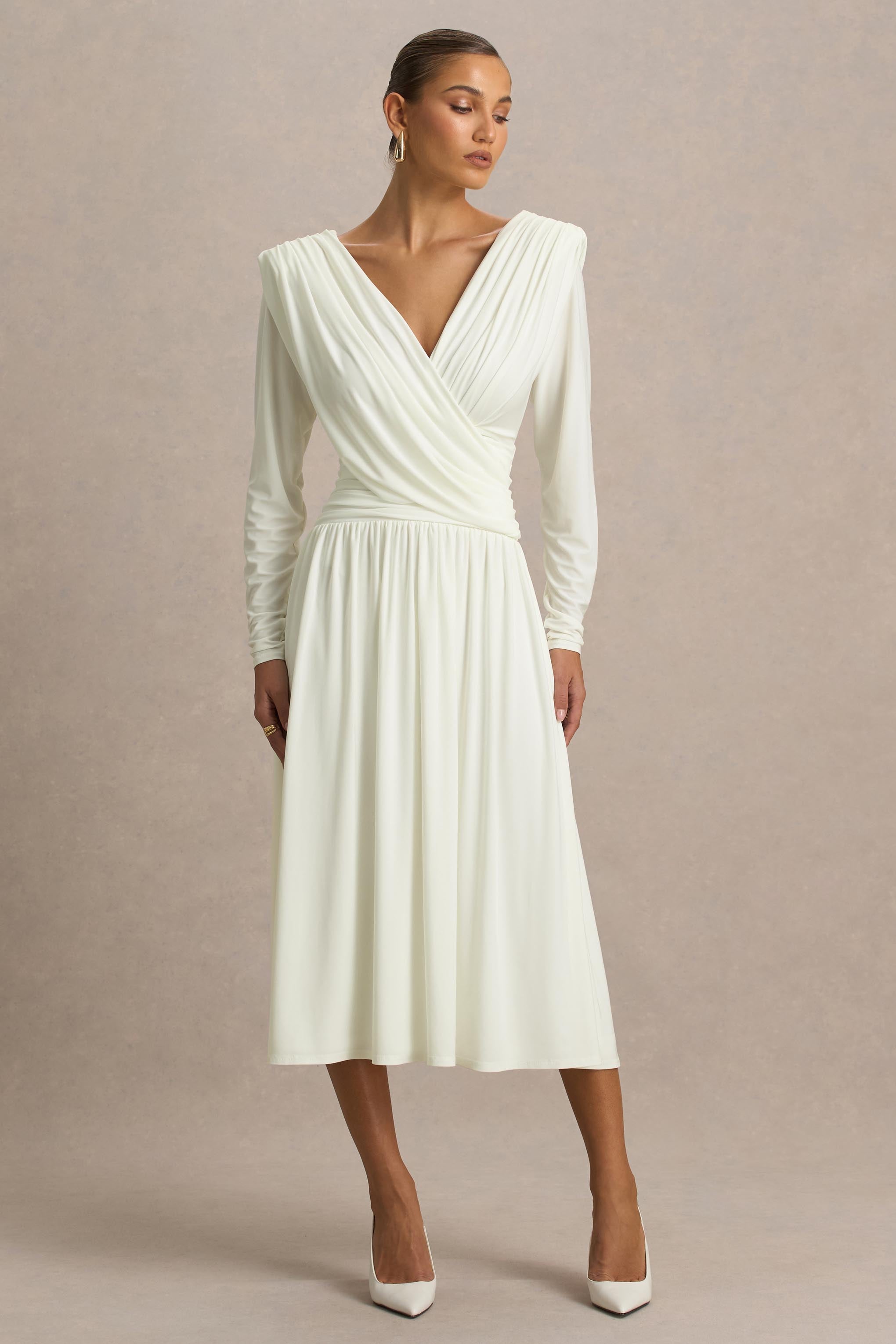 Alexis | Cream Plunge-Neck Midi Dress With Draped And Ruched Detailing