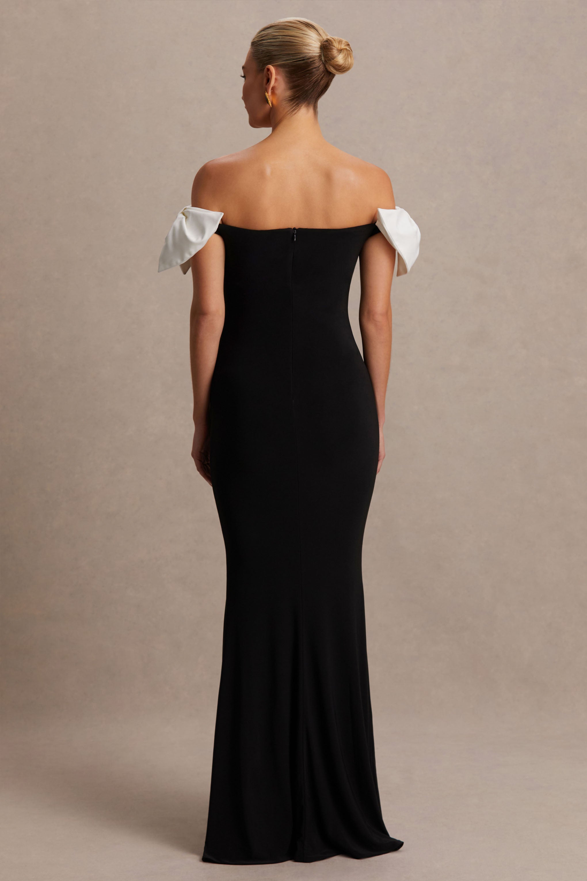 Didi | Black & White Bardot Bow Detail Maternity Maxi Dress