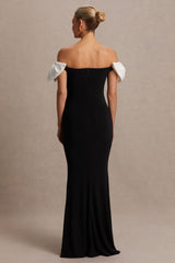 Didi | Black & White Bardot Bow Detail Maternity Maxi Dress